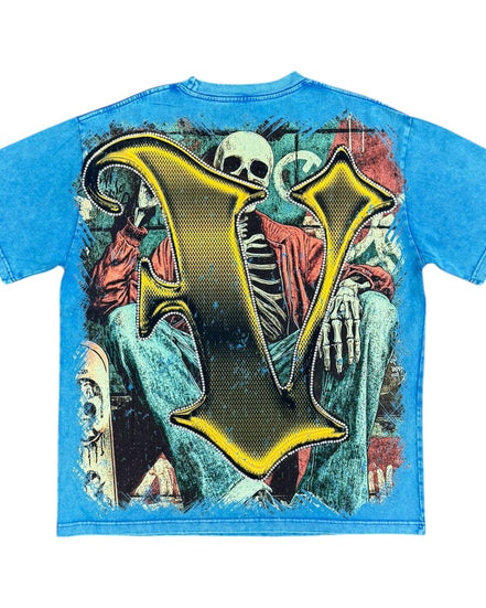 Blue t-shirt with a skeleton design and large yellow letter 'V' on a white background