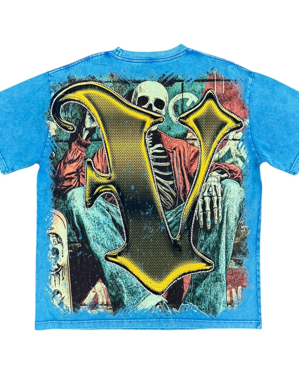 Blue t-shirt with a skeleton design and large yellow letter 'V' on a white background
