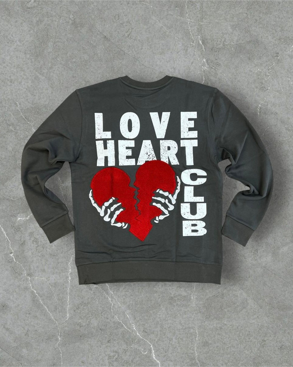 heart club crewneck in the color charcoal by brand reelistik 