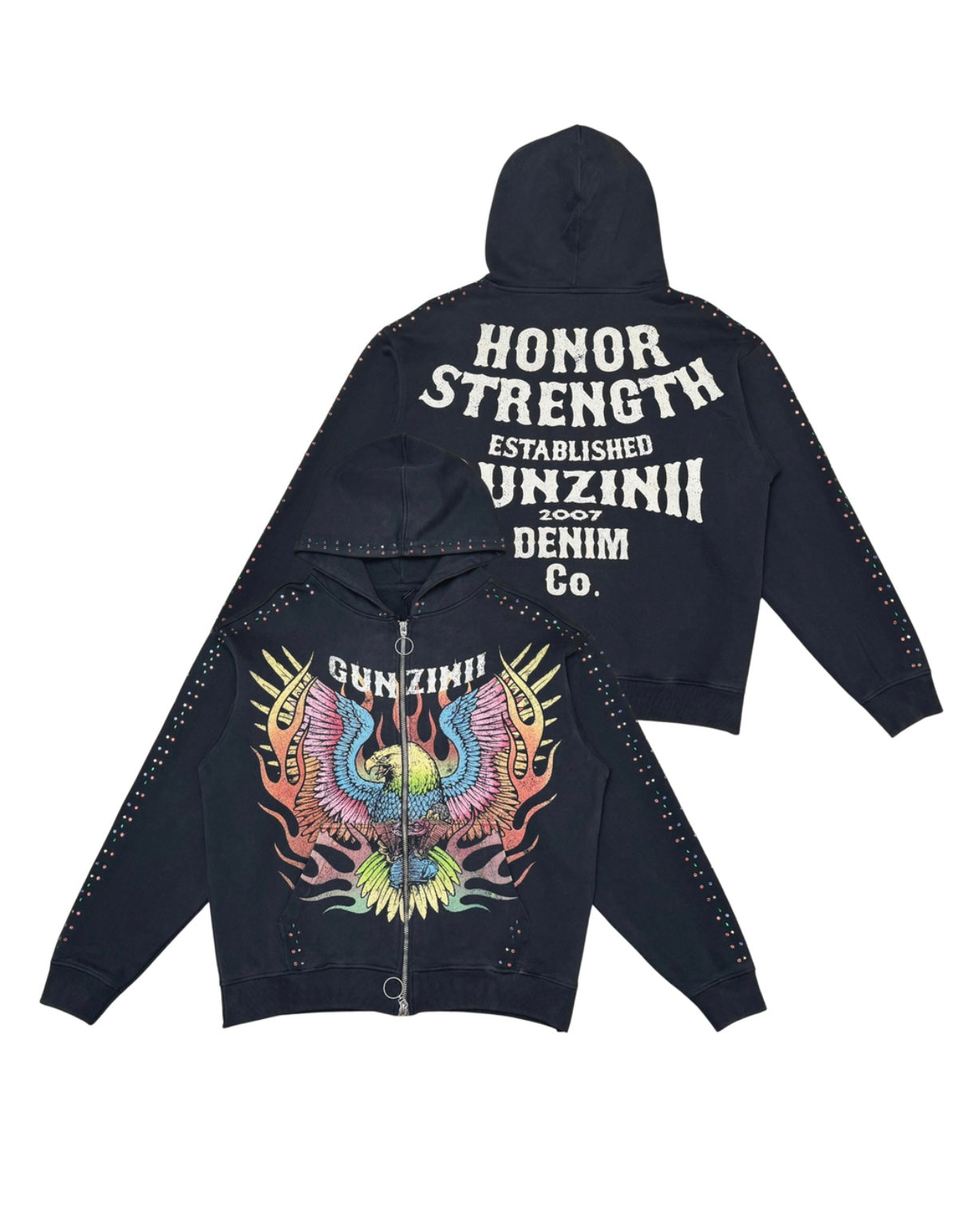 Honor and strength full-zip hoodie in black color