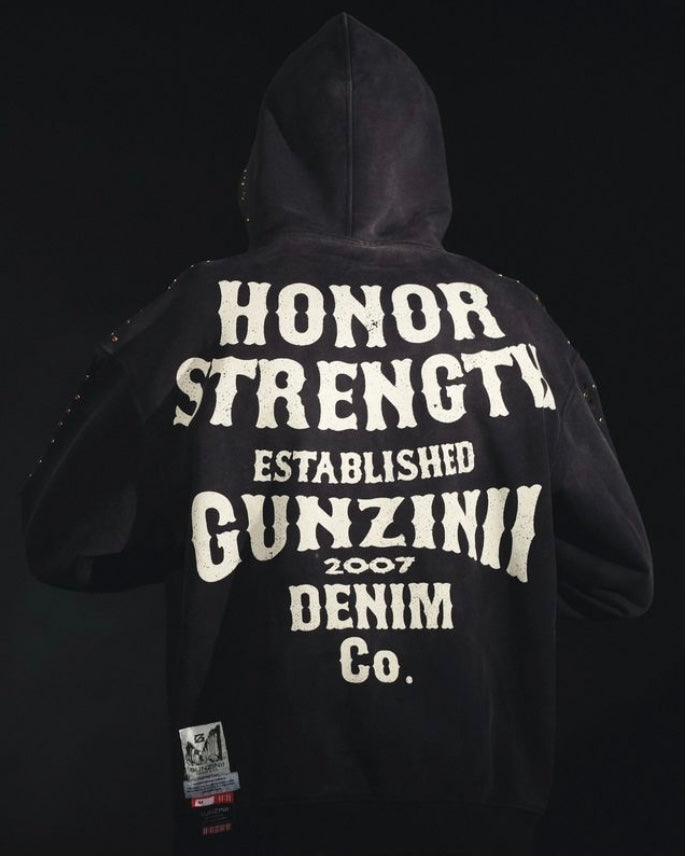 Honor and strength full-zip hoodie in black color