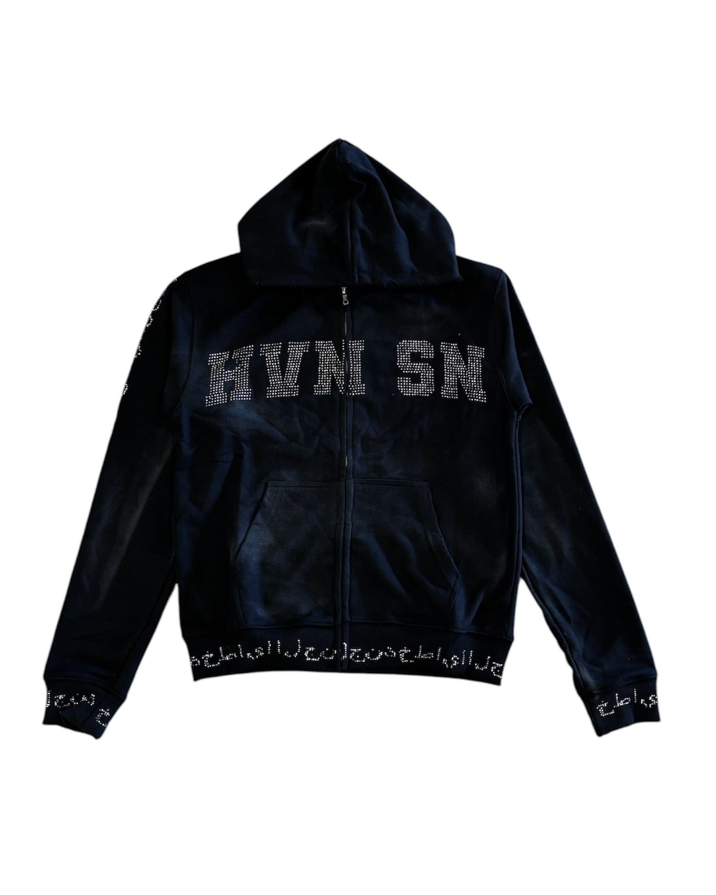 heaven sin rhinestone full-zip hoodie in black stone