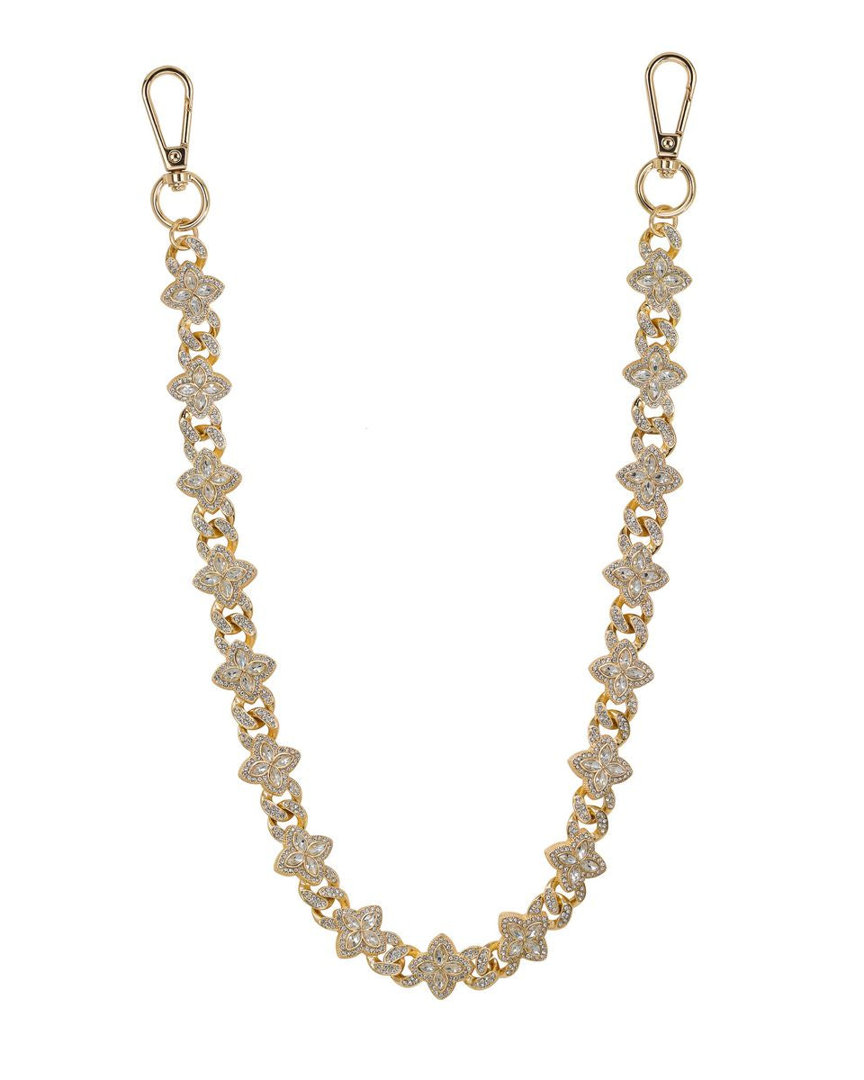 Gold chain with floral designs on a white background