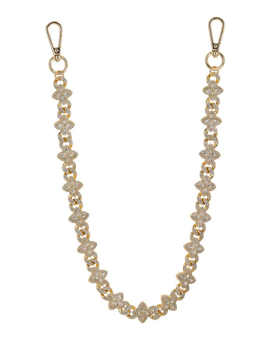 Gold chain with floral designs on a white background