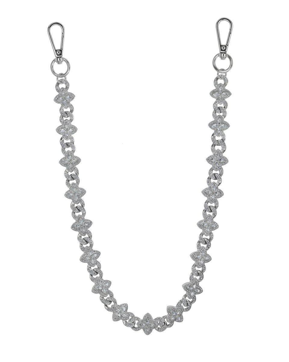 Silver chain strap with floral designs on a white background