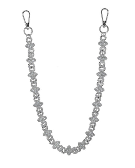 Silver chain strap with floral designs on a white background