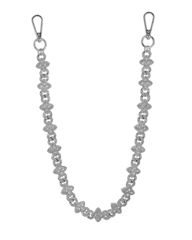 Silver chain strap with floral designs on a white background