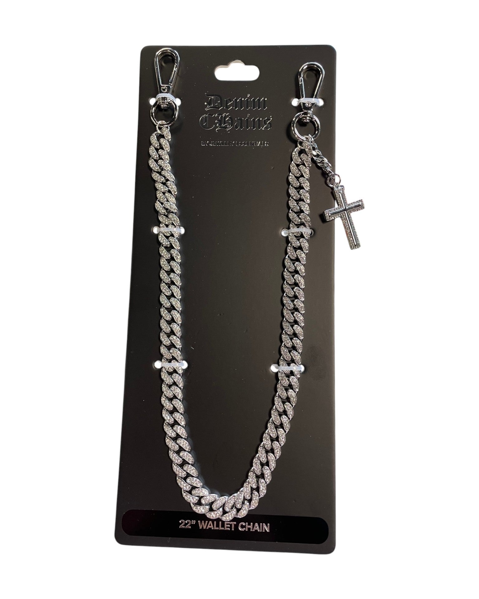 Silver wallet chain with cross pendant on a black card packaging