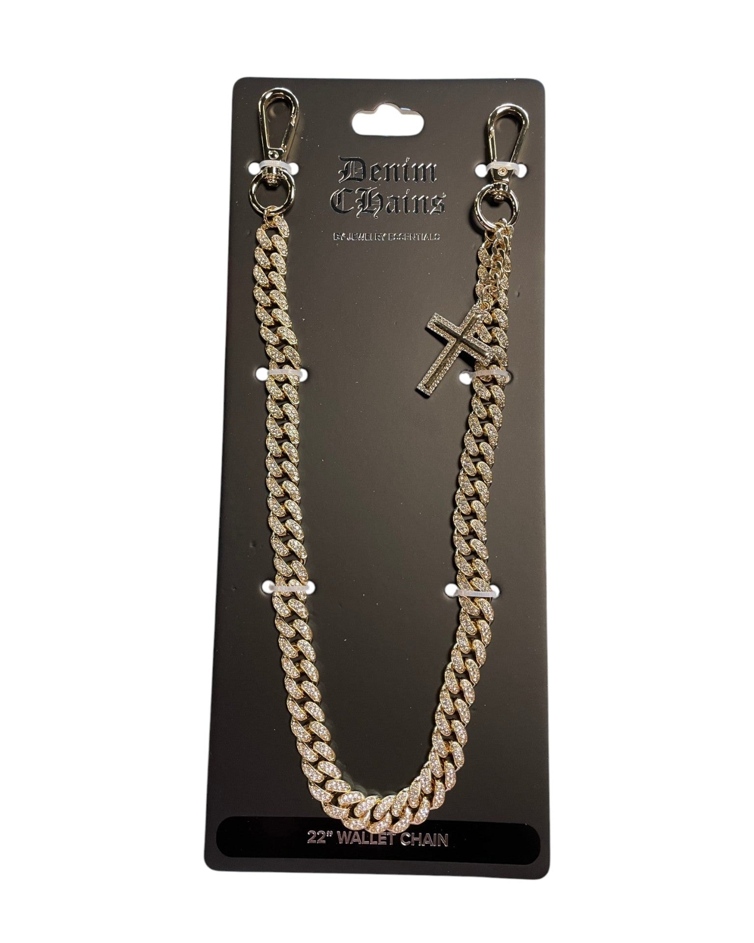 Gold chain wallet chain with cross pendant on a black card, brand 'Dante's Desire' visible.