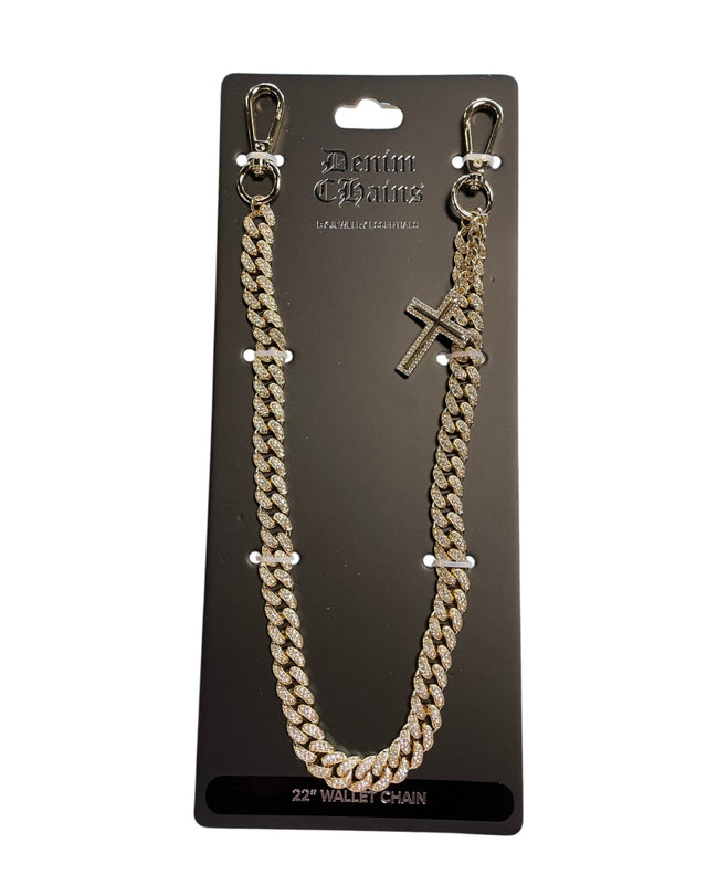 Gold chain wallet chain with cross pendant on a black card, brand 'Dante's Desire' visible.