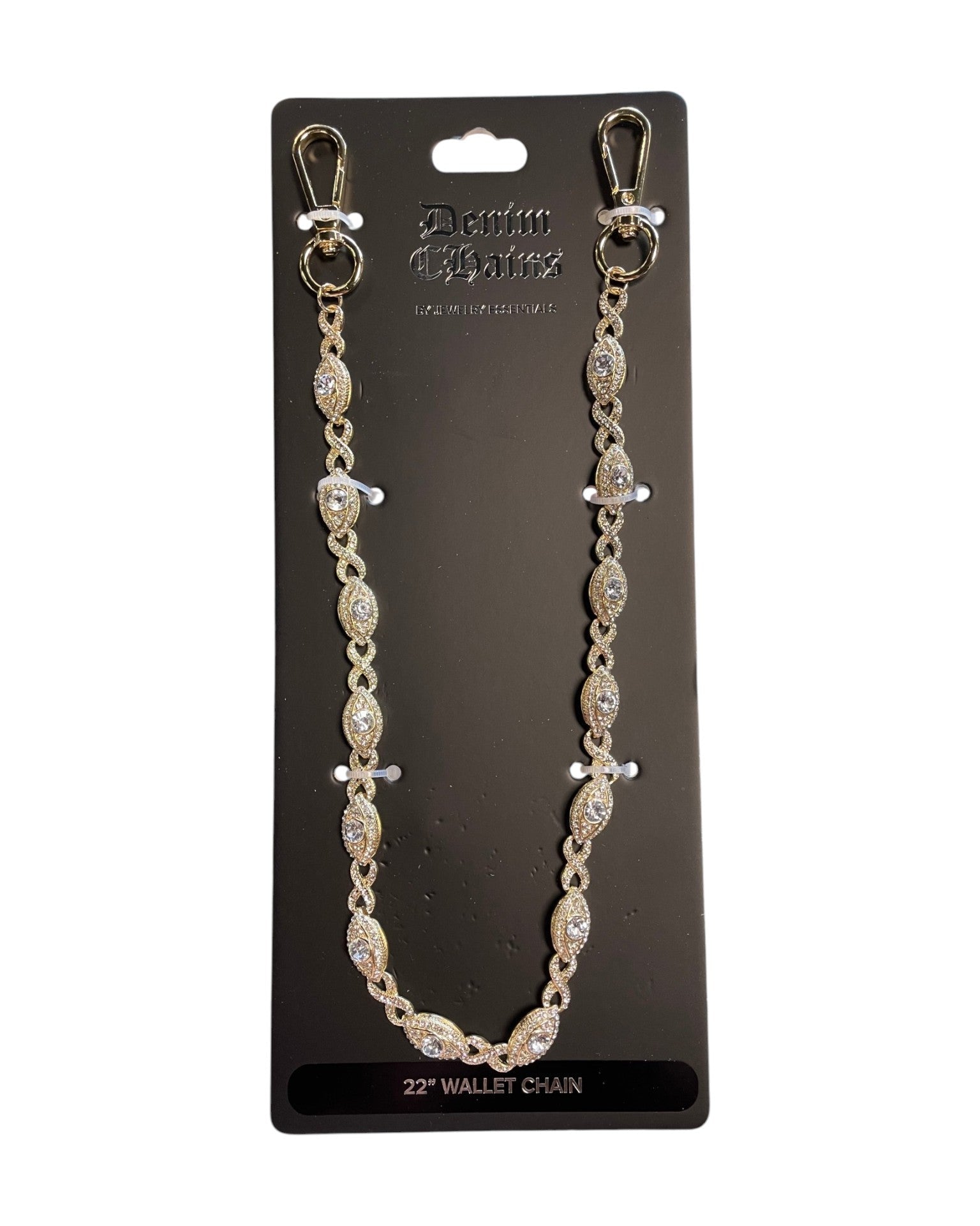 Gold wallet chain with clear stones on a black card with brand name.