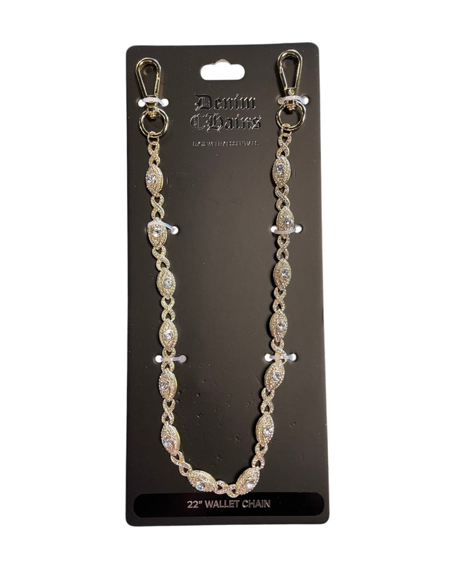 Gold wallet chain with clear stones on a black card with brand name.