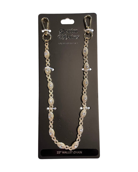 Gold wallet chain with clear stones on a black card with brand name.