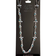 Silver wallet chain with blue accents on a black card with brand name.