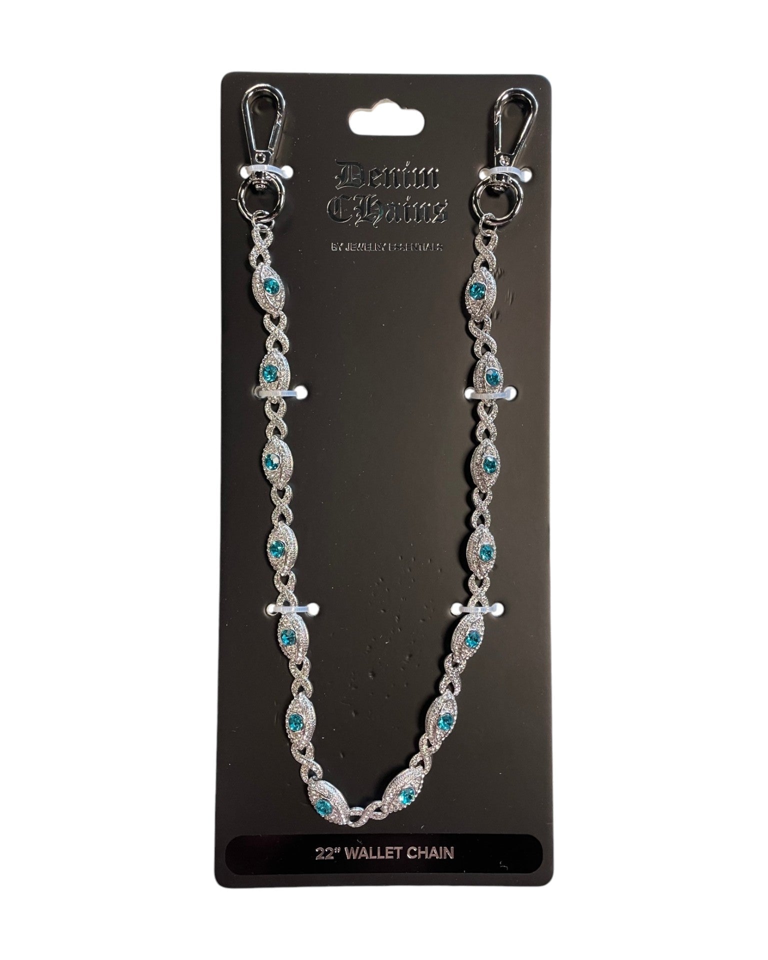 Silver wallet chain with blue accents on a black card with brand name.