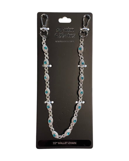 Silver wallet chain with blue accents on a black card with brand name.