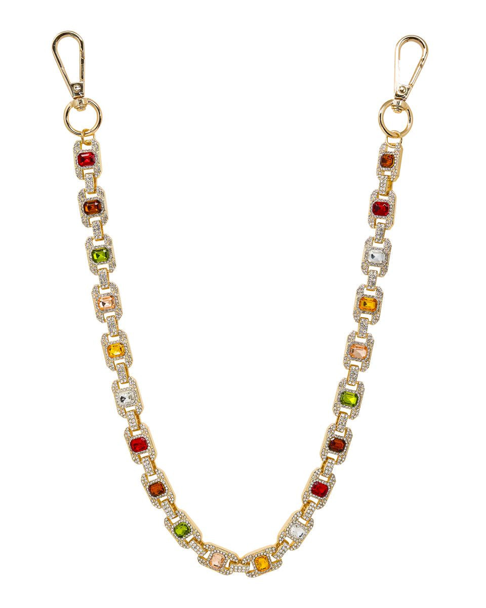 Pant chain with multicolored gemstones on a white background