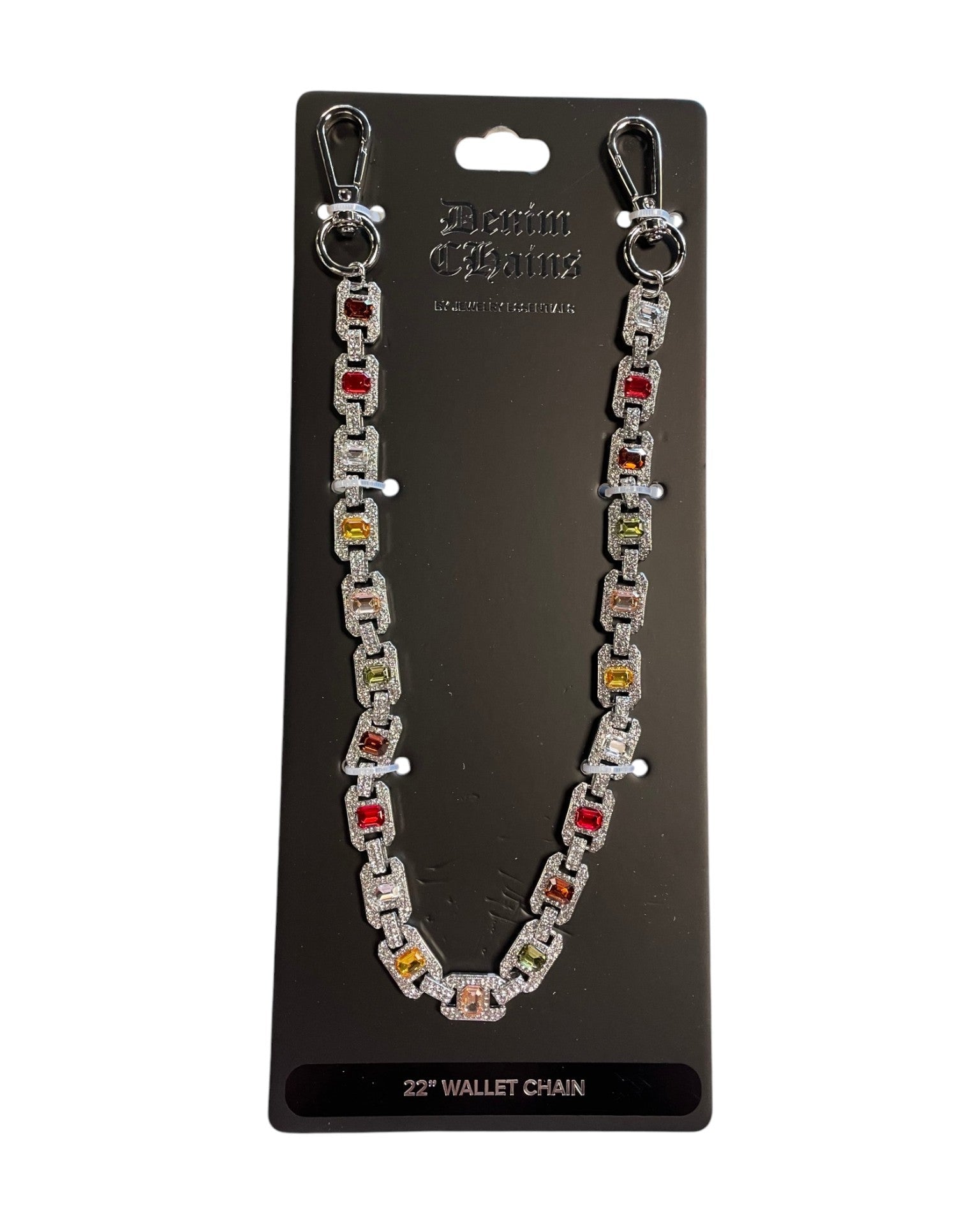 Colorful wallet chain on a black card with 'DENIM CHAINS' branding.