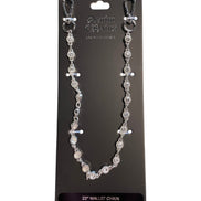Silver wallet chain on a black card with branding.
