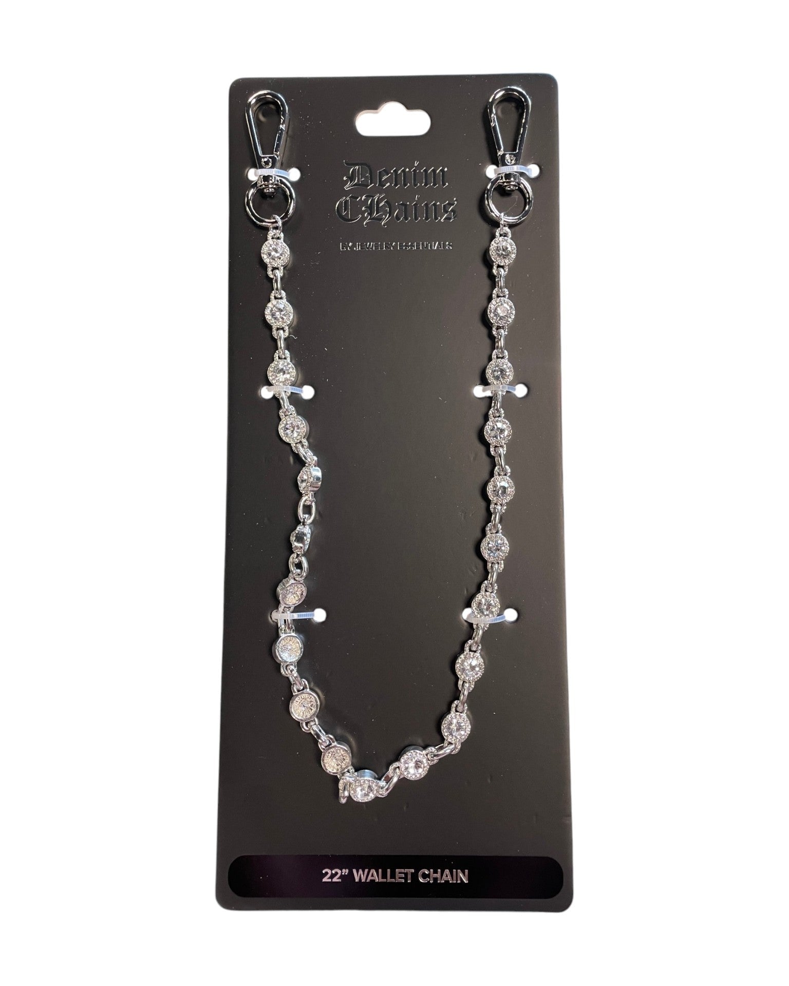 Silver wallet chain on a black card with branding.