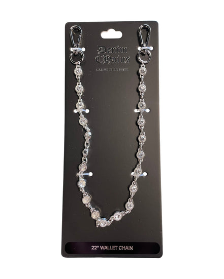Silver wallet chain on a black card with branding.