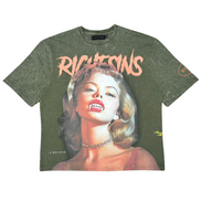 Green t-shirt with a graphic of a woman's face and 'RICHESINS' text on a white background