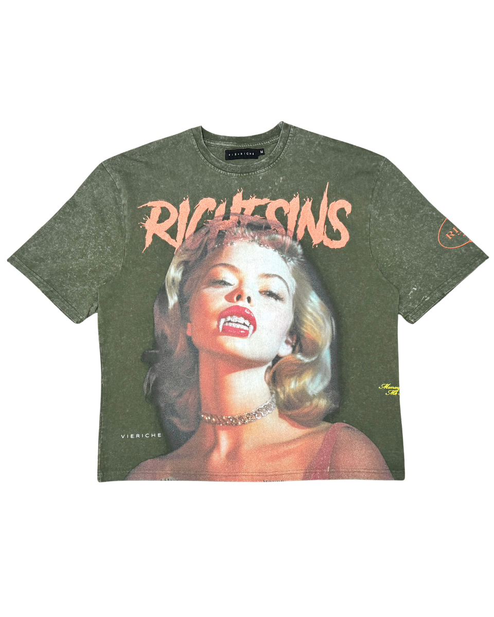 Green t-shirt with a graphic of a woman's face and 'RICHESINS' text on a white background