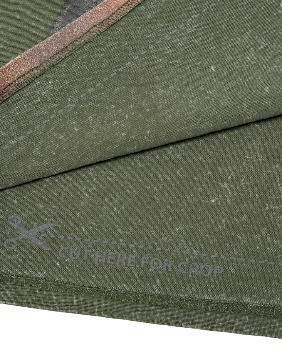 Green fabric with a 'Cut Here for Crop' label on a white background