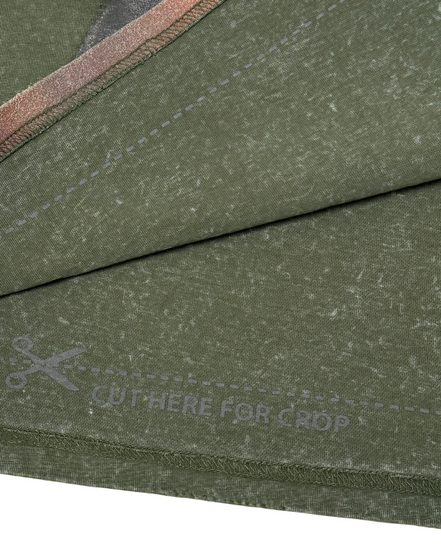 Green fabric with a 'Cut Here for Crop' label on a white background
