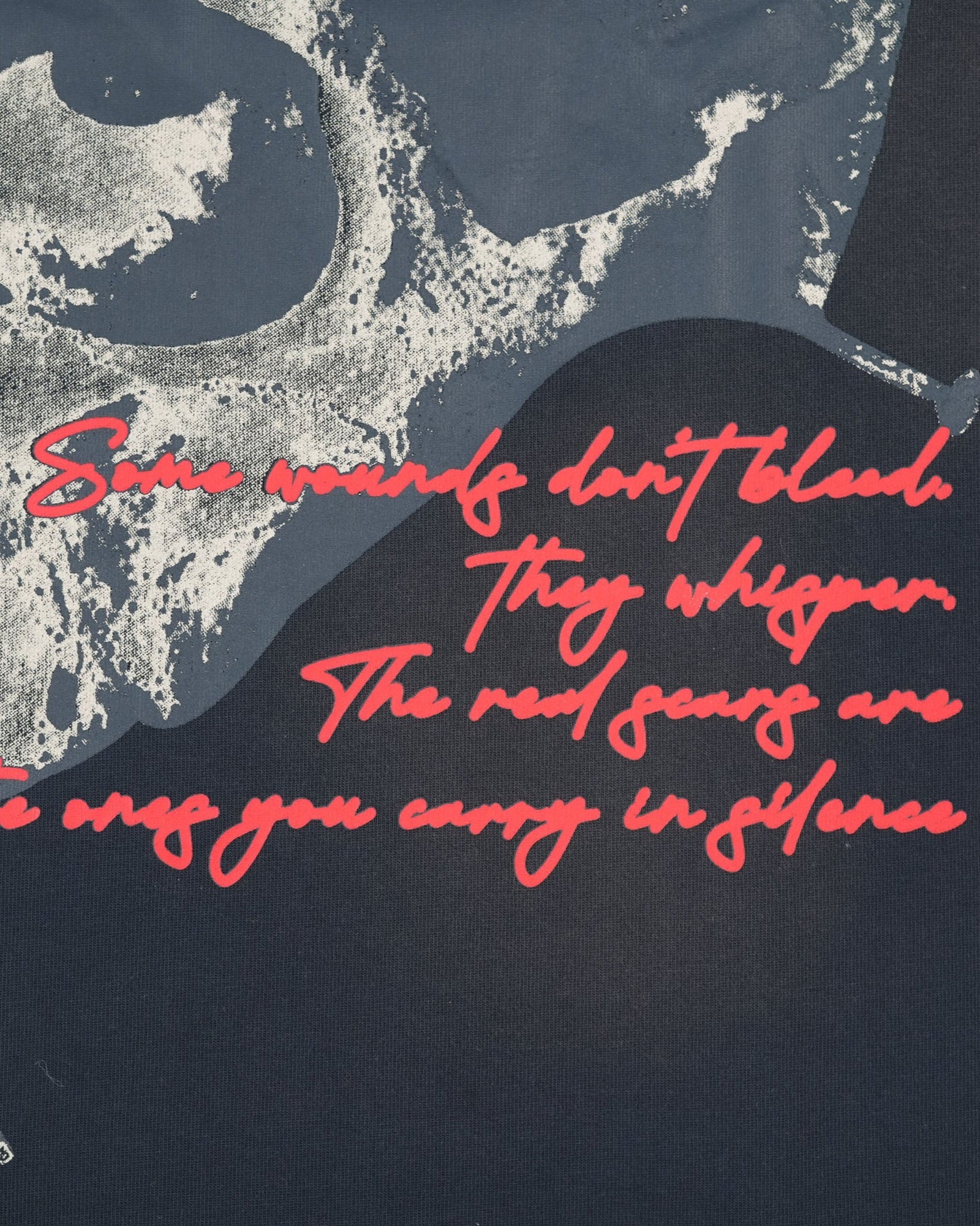 Text overlay on a dark background with a skull design