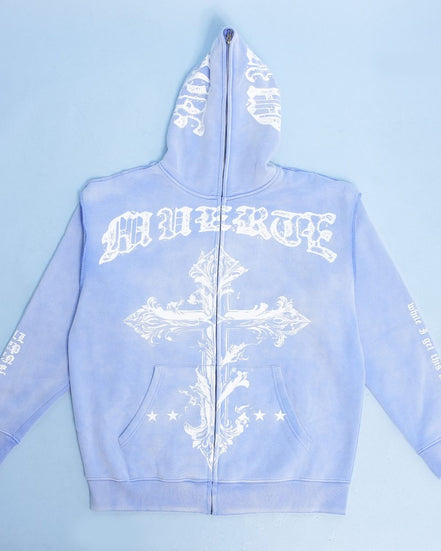 Light blue hoodie with white graphics and text on a light blue background