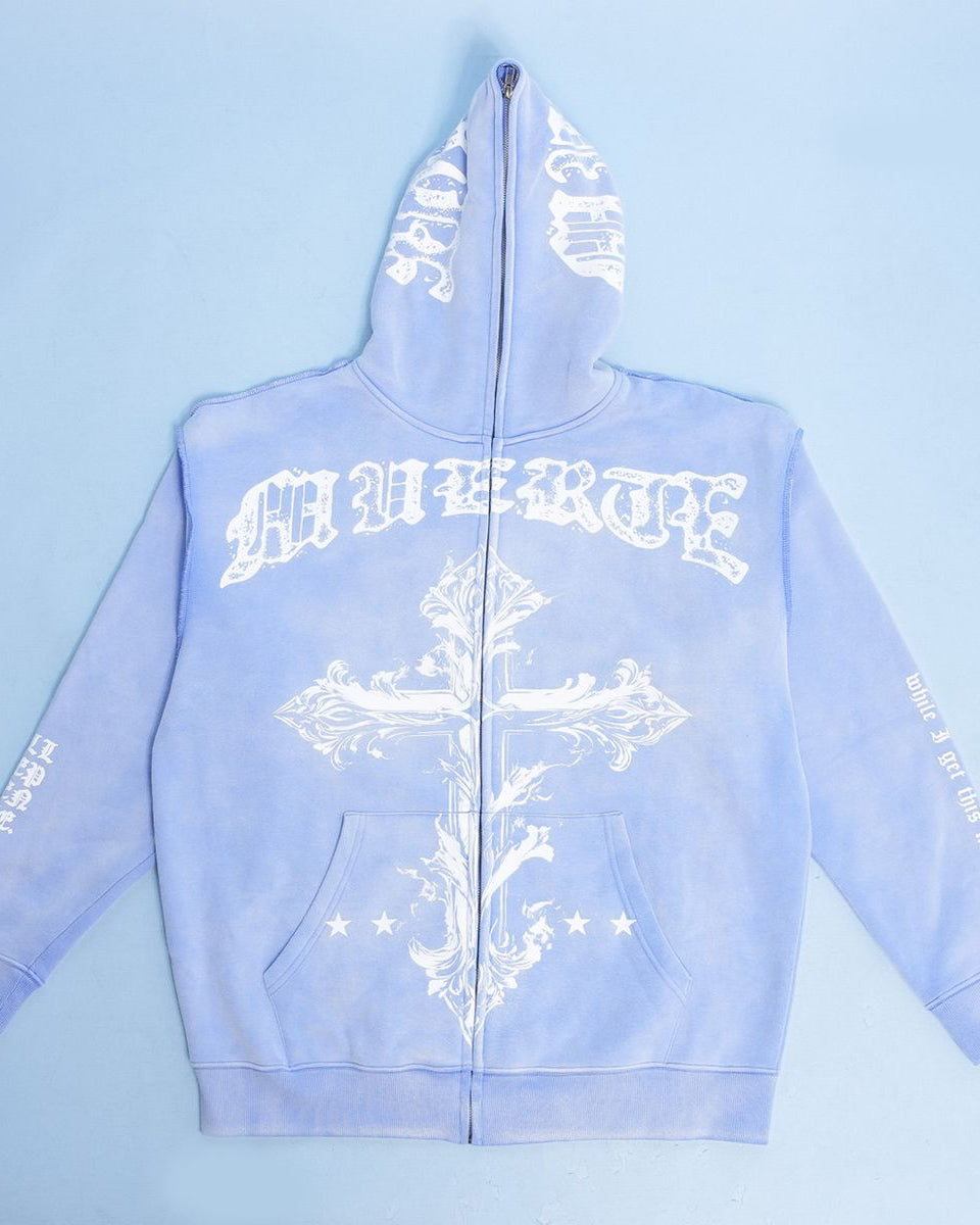 Light blue hoodie with white graphics and text on a light blue background