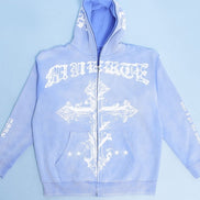 Light blue hoodie with white graphics and text on a light blue background