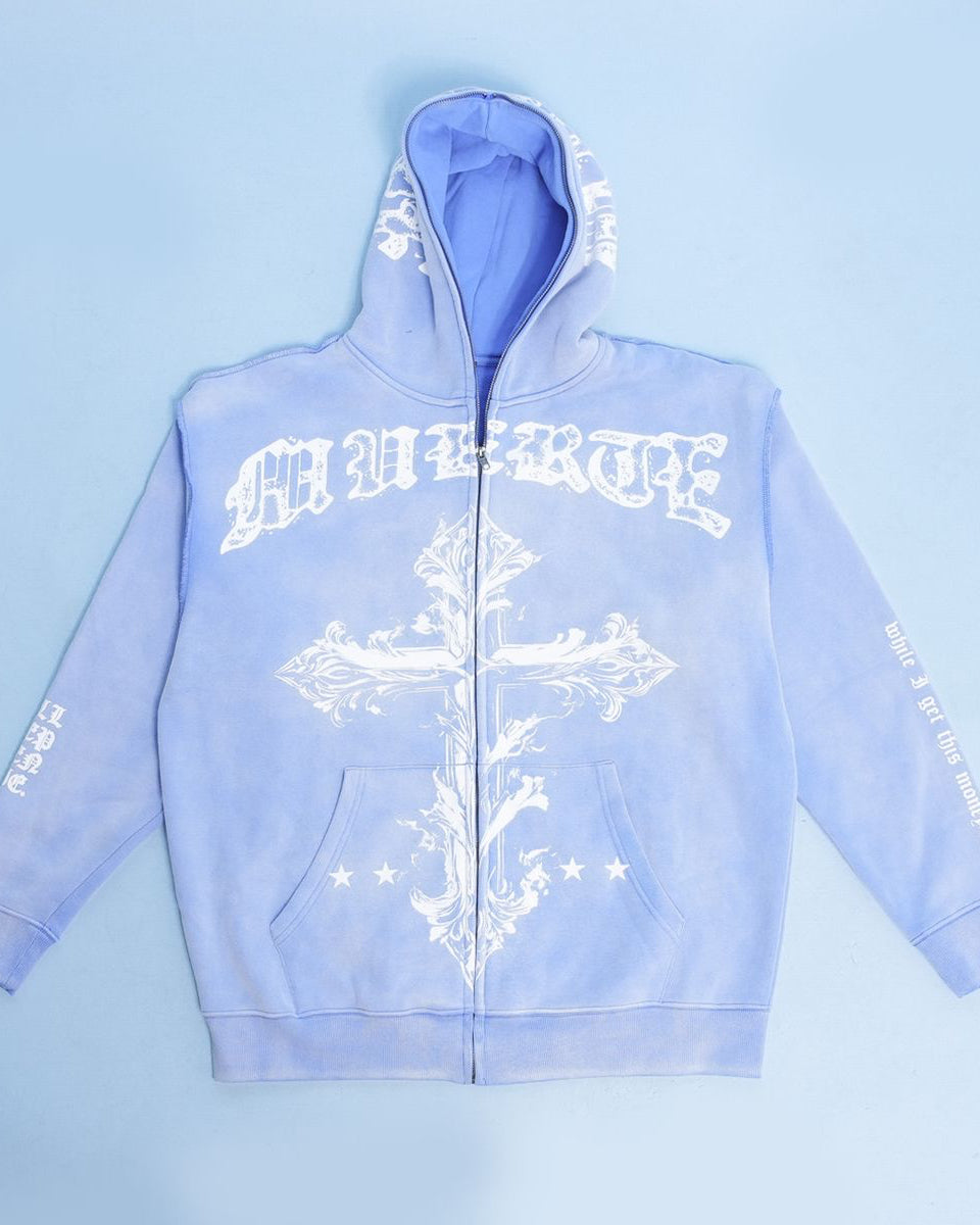 Light blue hoodie with white graphics and text on a light blue background