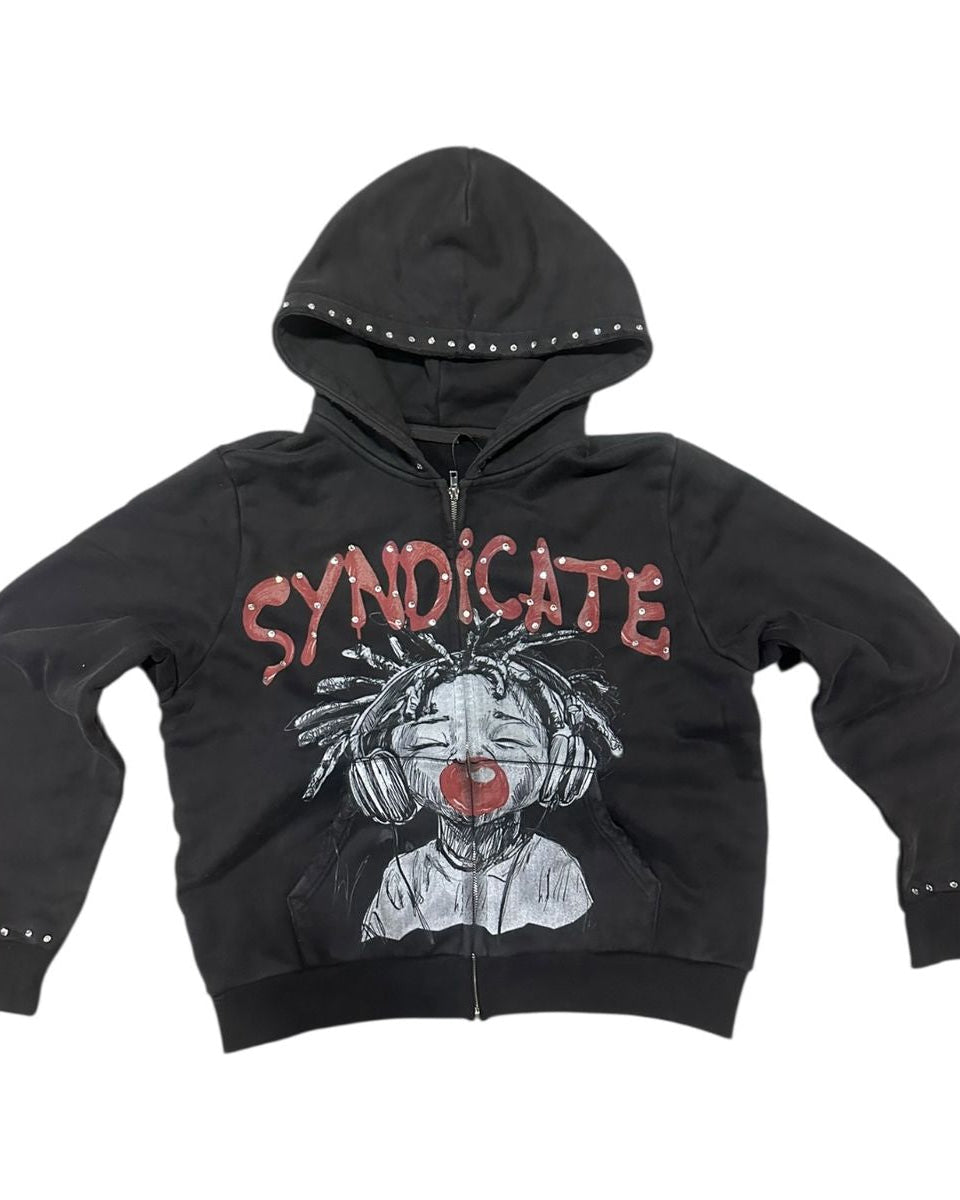 Black hoodie with 'SYNDICATE' logo and clown graphic on a white background