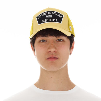 Front view of the  vintage yellow trucker with the embroidered patch. 