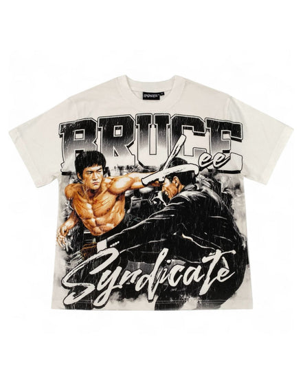 A short-sleeve graphic t-shirt featuring a stylized print of Bruce Lee with the words 'BRUCE Lee' and 'Syndicate'. The shirt itself is a warm off-white/cream color, which maps to Beige under our color guidelines.