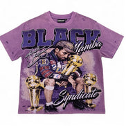 A purple short-sleeve graphic t-shirt featuring a printed illustration of Keanu Mamba holding a trophy, with the text 'BLACK Mamba' and 'Syndicate' on a white background.