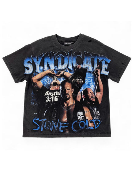 A black distressed graphic t-shirt featuring the band Stone Cold and their 'Syndicate' album artwork, laid flat against a white background.
