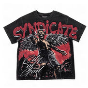 A black short-sleeve graphic t-shirt featuring a distressed red and white print of a winged figure and the text 'SYNDOICATE' and 'City of God'.