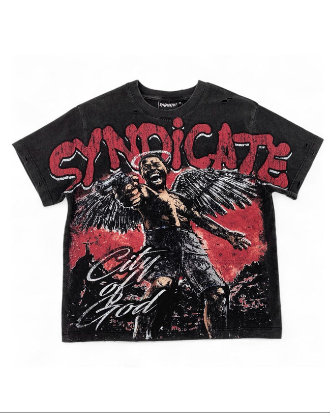 A black short-sleeve graphic t-shirt featuring a distressed red and white print of a winged figure and the text 'SYNDOICATE' and 'City of God'.