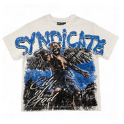 An off-white Syndicate t-shirt featuring a large graphic print of an angel with wings holding a microphone, with 'SYNDICATE' written in bold blue letters across the chest and 'City of God' in white script below.