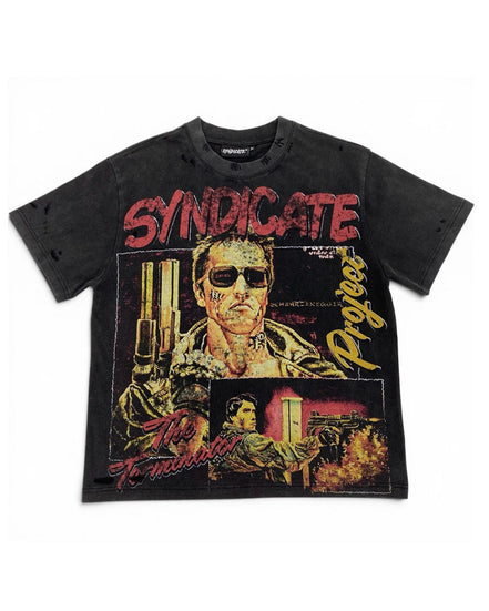 A black acid-wash graphic t-shirt featuring Terminator 2: The Terminator with the word 'SYNDICATE' in distressed red letters and a yellow 'Project' script, displayed flat against a white background.