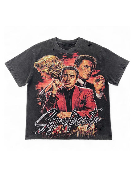 A faded black graphic t-shirt featuring a stylized print of the movie 'Syndicate' with characters in red and orange tones, displayed flat against a white background.