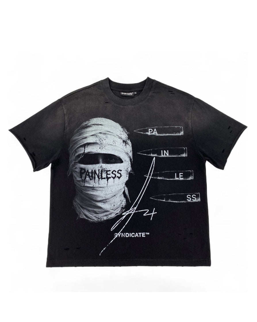 A black distressed graphic t-shirt featuring a mummified head design with the word 'PAINLESS' and bullet point text elements on the front, displayed against a plain white background.