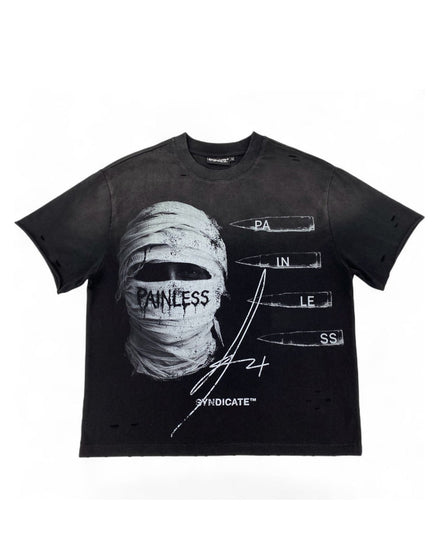 A black distressed graphic t-shirt featuring a mummified head design with the word 'PAINLESS' and bullet point text elements on the front, displayed against a plain white background.