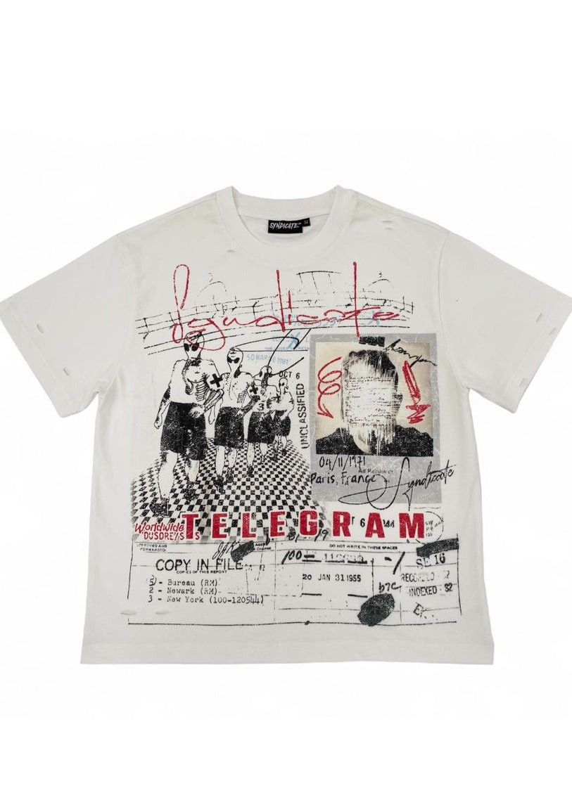 An off-white short-sleeve graphic t-shirt featuring a collage print with red script, black-and-white photos, and the word 'TELEGRAM' in red. The brand name 'Missoni' is visible on the inner neck label.