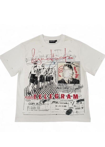 An off-white short-sleeve graphic t-shirt featuring a collage print with red script, black-and-white photos, and the word 'TELEGRAM' in red. The brand name 'Missoni' is visible on the inner neck label.