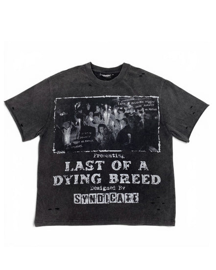 A dark gray washed graphic t-shirt featuring a black-and-white band photo and distressed white text reading 'Presenting Last of a Dying Breed' and 'Designed by Syndicare'.