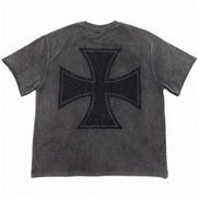 A dark gray washed short-sleeve t-shirt with a large black Iron Maiden 'Iron Cross' logo on the back, shown against a plain white background.